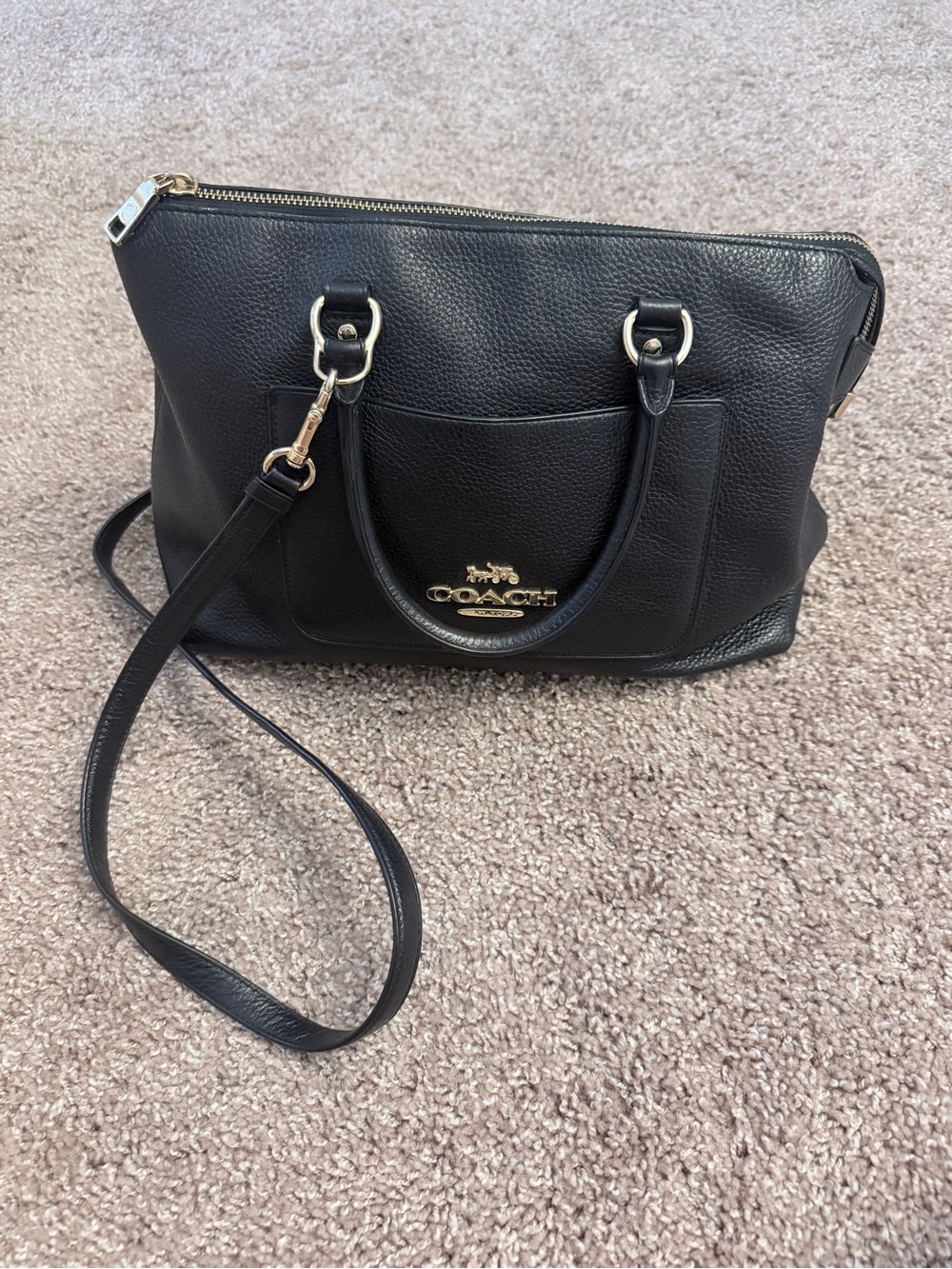 Coach Black Pebbled Leather Satchel Crossbody Purse Gold Hardware Shoulder Bag